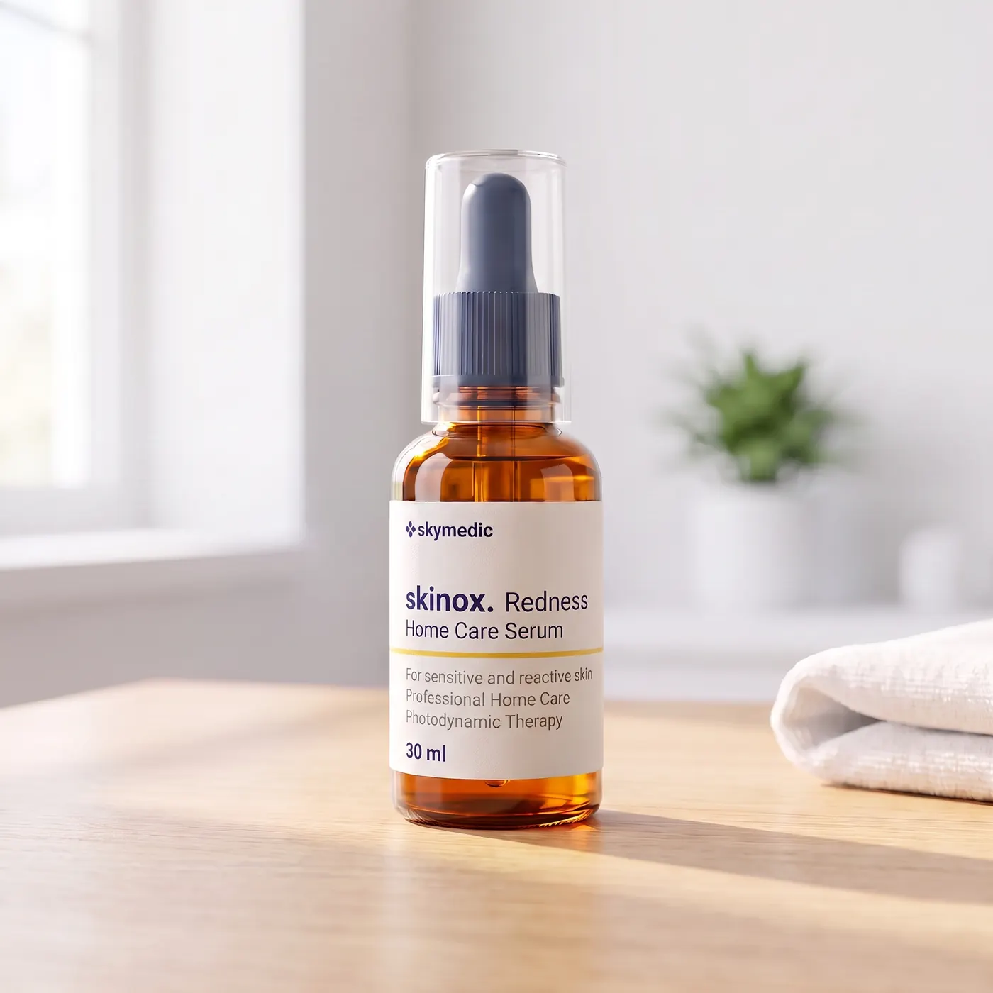 An amber dropper bottle of skinox. Redness Home Care Serum by Skymedic on a light oak desk