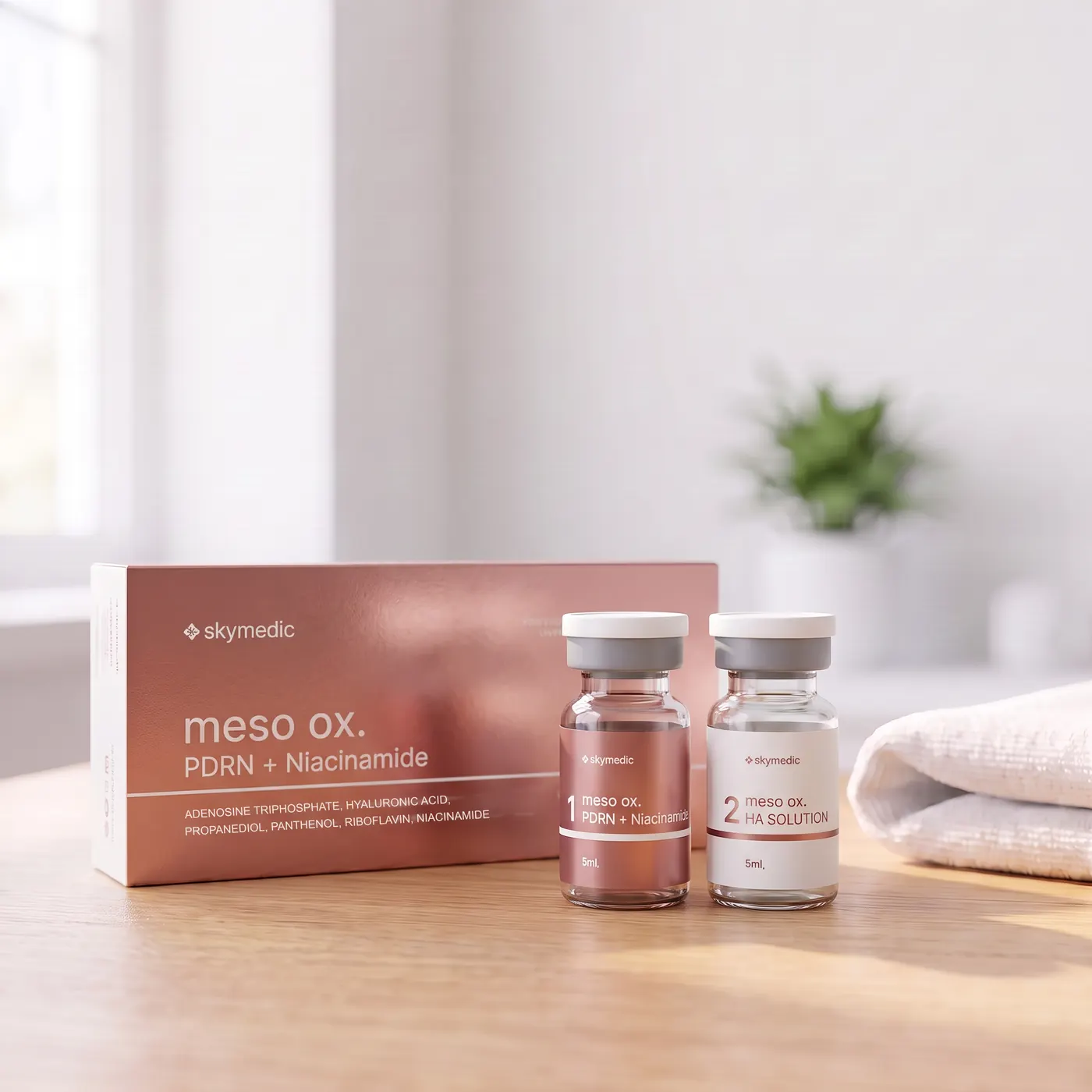 A rose gold box of meso ox. PDRN + Niacinamide by Skymedic with two of its 5 ml vials, on a light oak desk