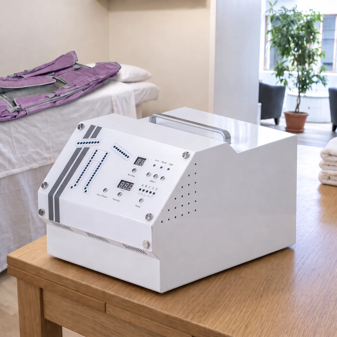 The pressotherapy unit on a light oak desk, its lilac air suit laid on the treatment couch behind