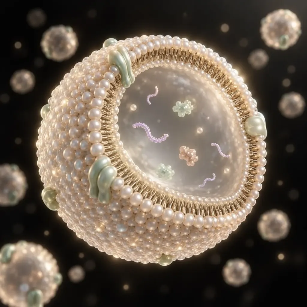 Illustration of an exosome cut open, showing its double membrane and what it carries inside