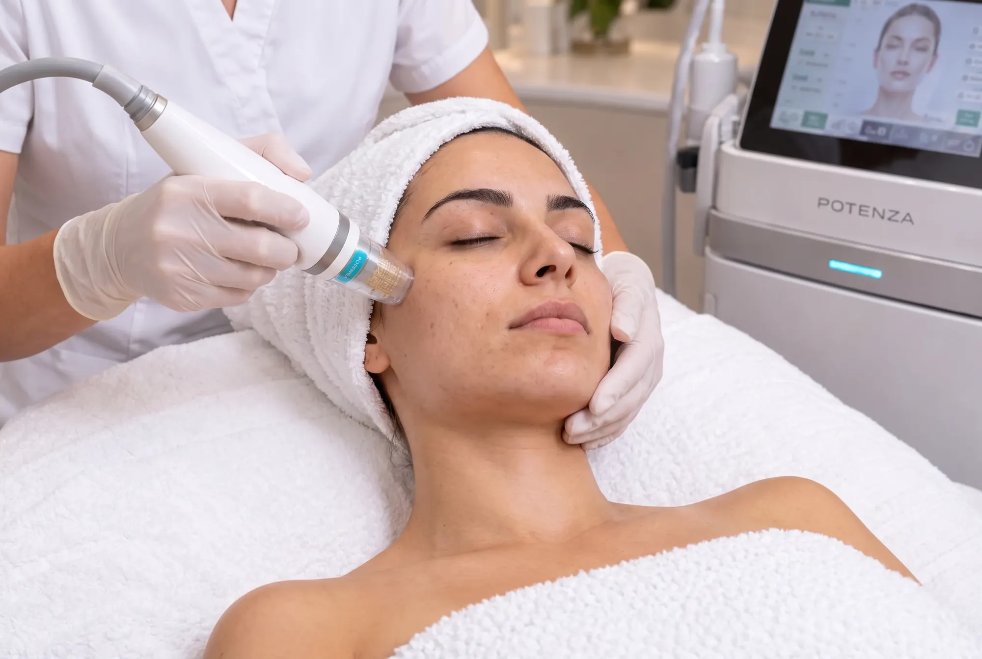 A therapist in white gloves holds a Potenza handpiece to a relaxed client's cheek, the Potenza machine beside the couch